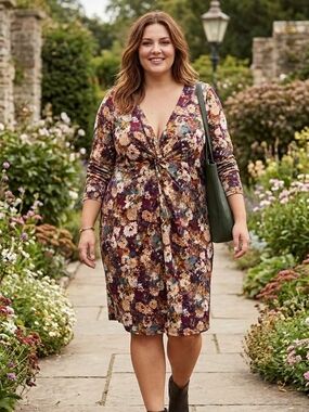 Forever 21 Floral Twist-Front Midi Dress in Burgundy, Cream & Mustard